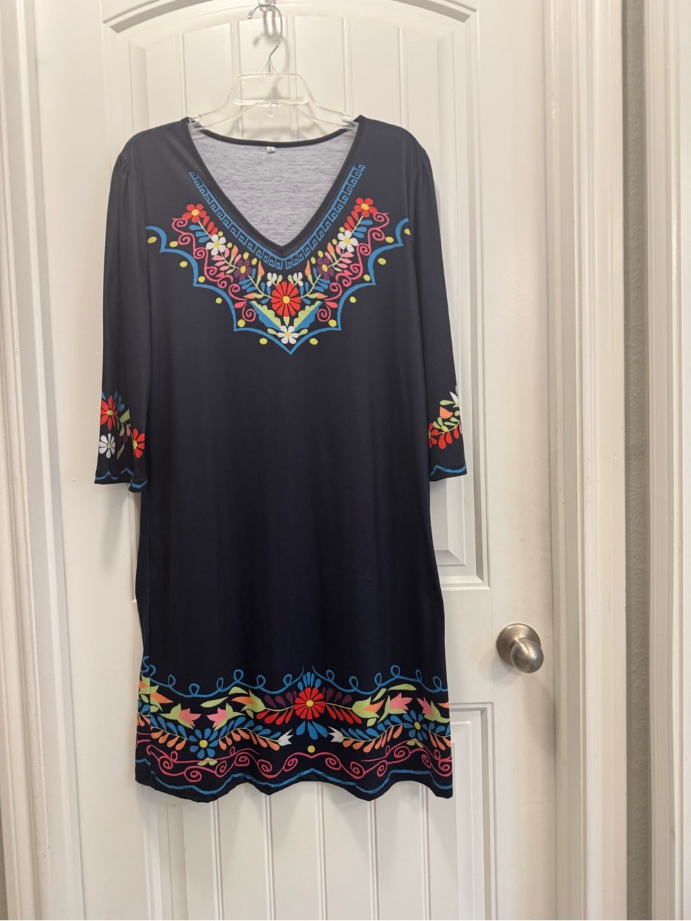 Women’s Black Tunic Dress Large 3/4 Floral Faux Embroidery Boho Festival Peasant